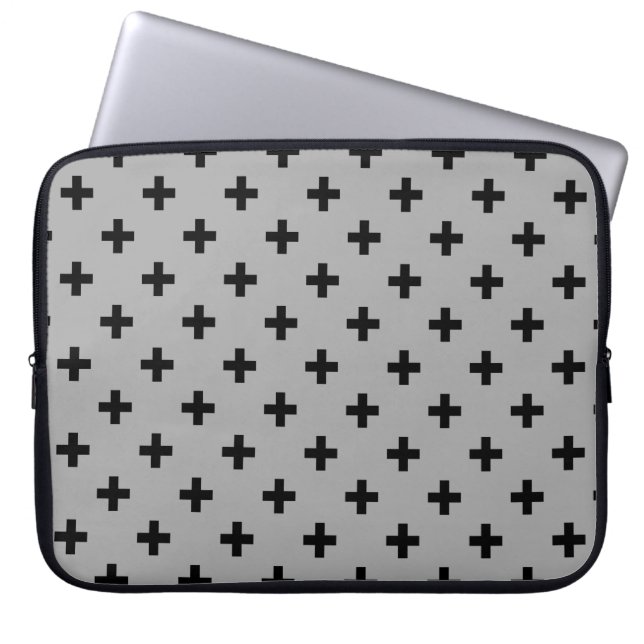 Zwarte polka kruist grijs laptop sleeve (Voorkant)