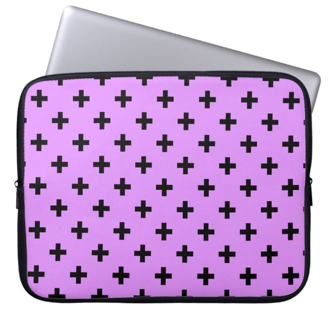 Zwarte polka kruist lila laptop sleeve (Voorkant)