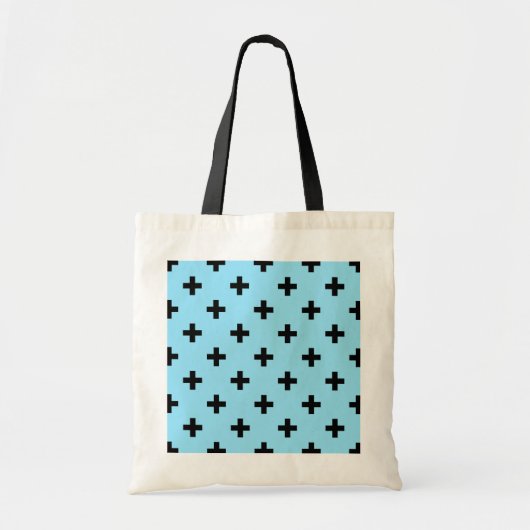 Zwarte polka kruist op babyblauw tote bag (Voorkant)