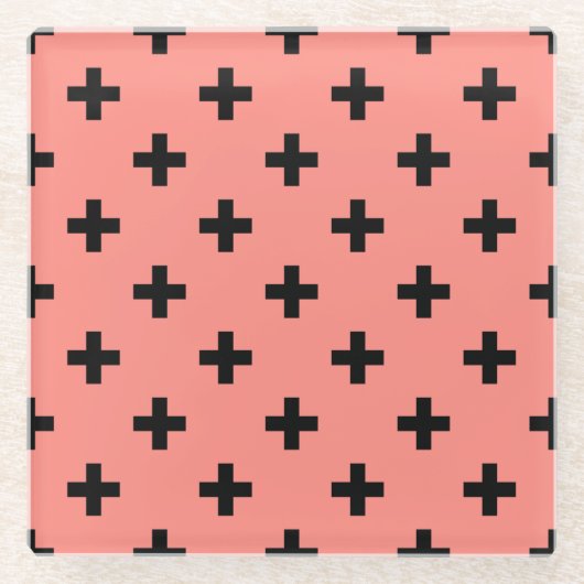 Zwarte polka kruist op perziken glazen onderzetter (Voorkant)