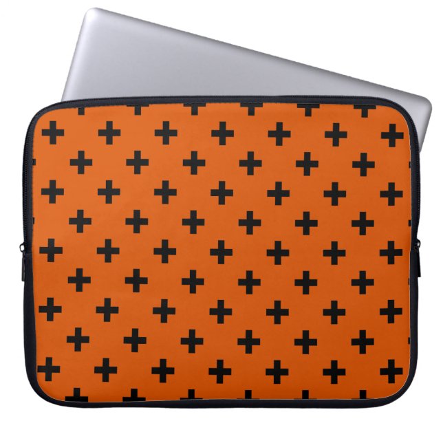 Zwarte polka kruist op sinaasappel laptop sleeve (Voorkant)