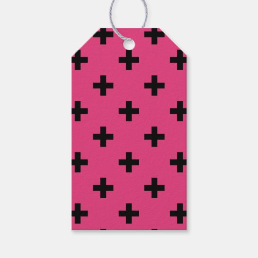 Zwarte polka kruist over fuchsia cadeaulabel (Voorkant)