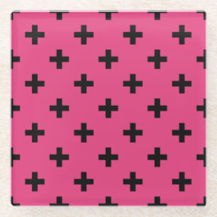 Zwarte polka kruist over fuchsia glazen onderzetter