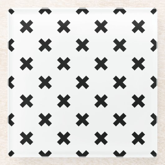 Zwarte polka kruist wit glazen onderzetter (Voorkant)