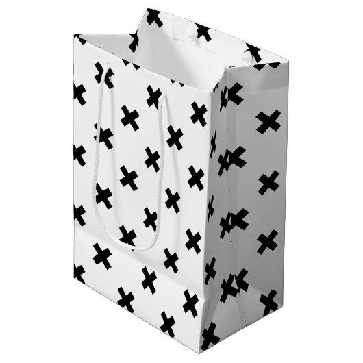Zwarte polka kruist wit medium cadeauzakje (Voorkant Gekanteld)