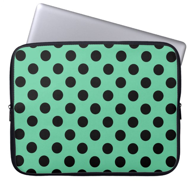Zwarte polka-punten op muntgroen laptop sleeve (Voorkant)