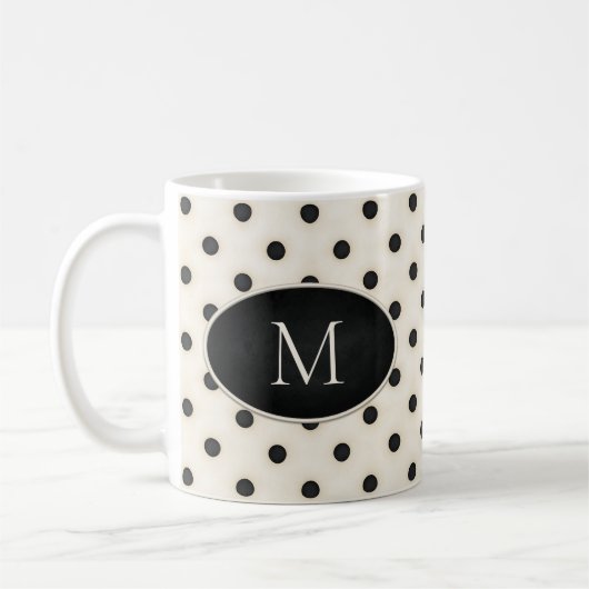 Zwarte polka stippen op Antiek wit monogram Koffiemok (Links)