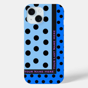 Zwarte polka stippen op blues - gepersonaliseerd iPhone 15 case
