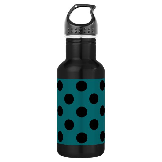Zwarte polka stippen op turquoise waterfles (Voorkant)