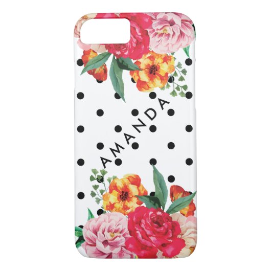 Zwarte polka stippen Waterverf Peony Flower JOUW N Case-Mate iPhone Case (Achterkant)