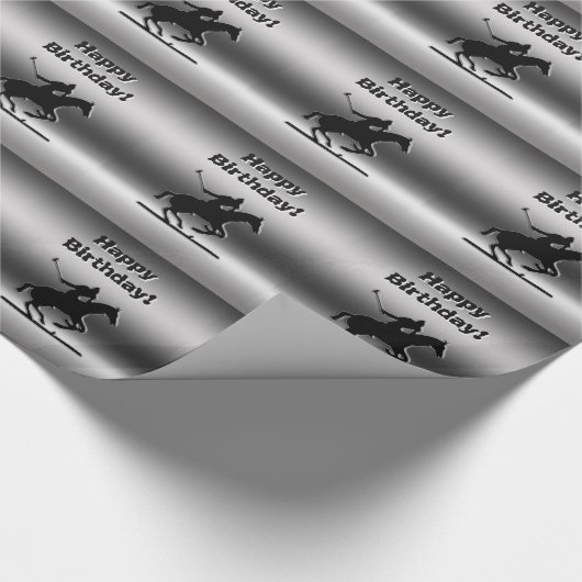 Zwarte Polo-speler met inscriptie, Happy Birthday Cadeaupapier (Hoek)