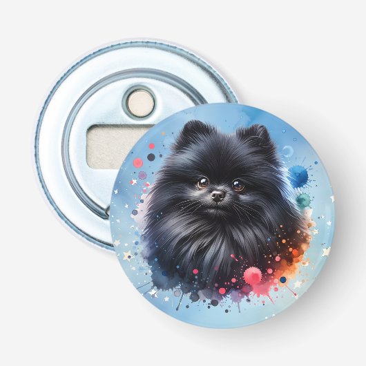Zwarte pomeraanse waterverf illustratie button flesopener (Voorkant)