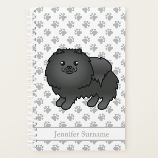 Zwarte Pomeranian Lieve Cartoon Hond & Aangepaste Planner (Voorkant)