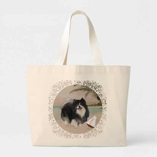 Zwarte Pomeranian met Zeilboot Grote Tote Bag (Voorkant)