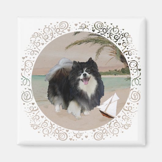 Zwarte Pomeranian met Zeilboot Magneet (Voorkant)