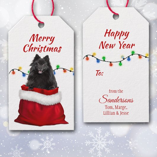 Zwarte pommeraanse hond in Santa Bag Cadeaulabel