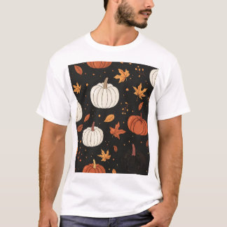 Zwarte pompoen en blad betegeld patroon t-shirt