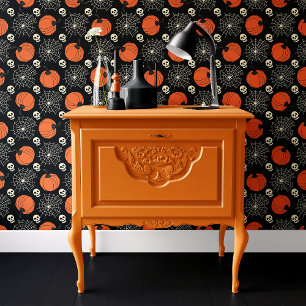 Zwarte Pompoen Schedel Spinneweb Halloween Behang