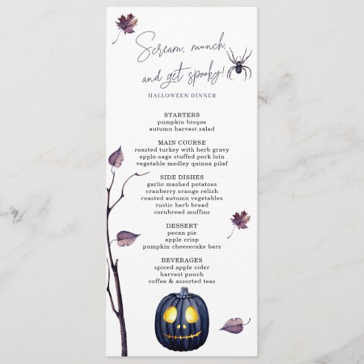 Zwarte Pompoen & Spin Herfst Elegant Halloween Menu (Voorkant)
