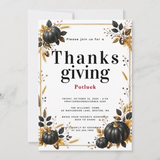 Zwarte Pompoen Thanksgiving Potluck Diner Kaart (Voorkant)