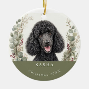 Zwarte Poodle-hondenras Waterverf Kerstmis Keramisch Ornament