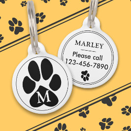 Zwarte Pootafdruk Minimalistische Monogram Menukeu Huisdierpenning