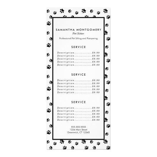 Zwarte Pootafdrukken Pet Sitter Diensten Reclamekaart (Voorkant)