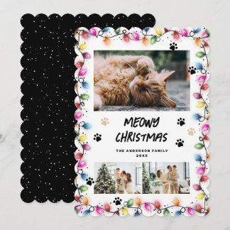 Zwarte Pootjes Kleurrijke Lichtjes Foto Meowy Kers Feestdagenkaart