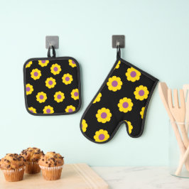 Zwarte potholders & ovenwanten met gele bloemen ovenwant & pannenlap set