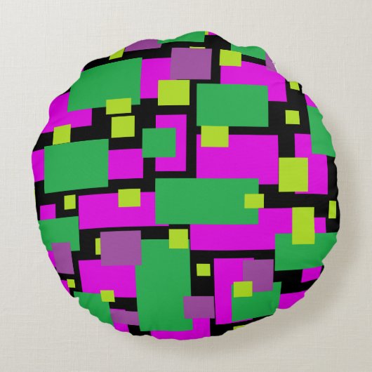 Zwarte pouf-piloot met Paars en groen patroon Rond Kussen (Achterkant)