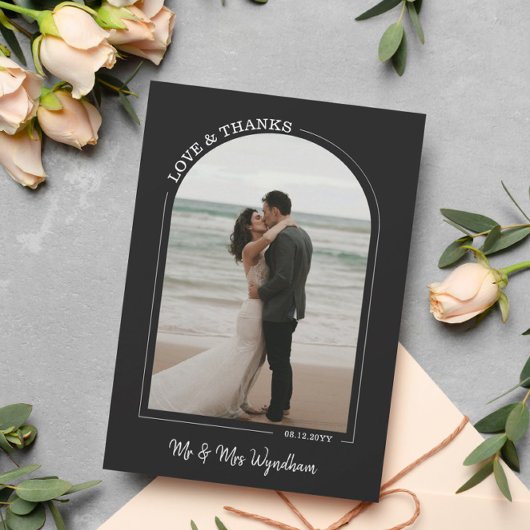 Zwarte prachtige boog trouwfoto Liefde & Dank Bedankkaart