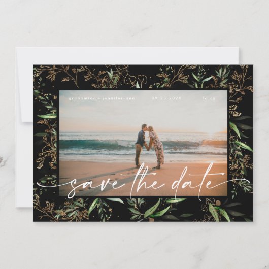 Zwarte Premium Modern Boho Golden Eucalyptus Save The Date (Voorkant)