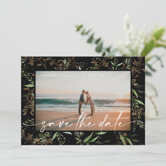 Zwarte Premium Modern Boho Golden Eucalyptus Save The Date (Staand voorkant)
