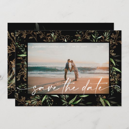 Zwarte Premium Modern Boho Golden Eucalyptus Save The Date (Voorkant / Achterkant)