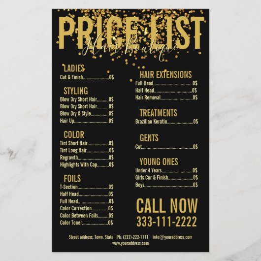 Zwarte prijslijst voor Gold Glitter Hair Cut Flyer (Voorkant)