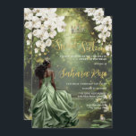 Zwarte prinses en kikker Sage Green Dress Sweet 16 Kaart<br><div class="desc">Personaliseer deze betoverende Sweet 16 verjaardagsuitnodiging gemakkelijk en snel. Klik op de knop Bewerken met ontwerpgereedschappen om de tekst verder te bewerken, lettertypestijlen en lettertypekleuren te wijzigen. Met een zwart meisje gekleed in een salie groene jurk, een kikkerprins, prachtige achterliggende witte bloemen en een betoverde bos- en vijverachtergrond. De kweepeer...</div>