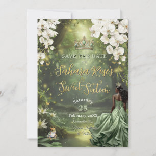 Zwarte Prinses en Kikker Sage Groene Jurk Sweet 16 Save The Date