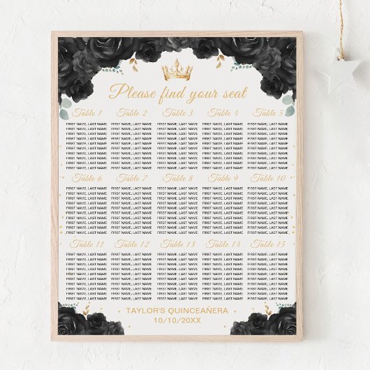 Zwarte Prinses Quinceañera 15 Tafel Zitplaatskaart Poster