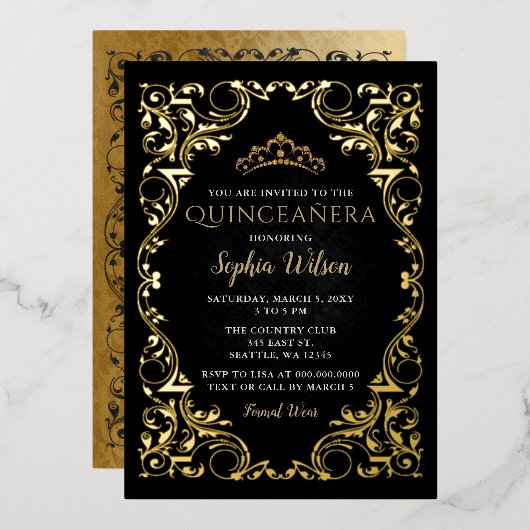  zwarte prinses Tiara Quinceañera Folie Uitnodiging (Voorkant / Achterkant)