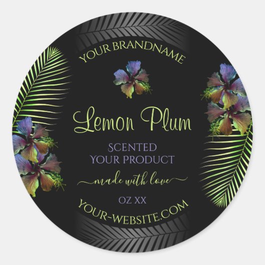 Zwarte Product Labels Geel Paars Hawaii Flowers (Voorkant)