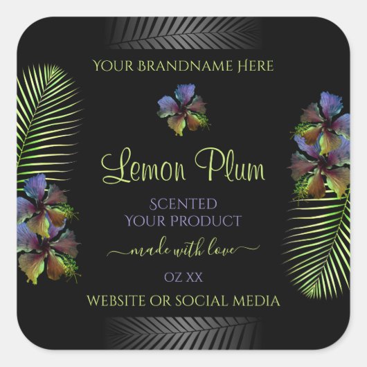 Zwarte Product Labels Geel Paars Hawaii Flowers (Voorkant)