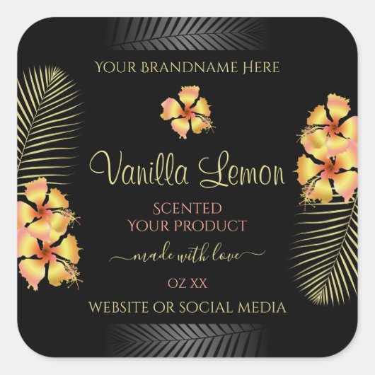 Zwarte Product Labels Geel Roze Hawaiian Flowers (Voorkant)