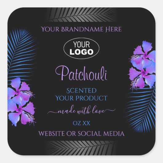 Zwarte Product Labels Paarse Blauwe Bloemen met Lo (Voorkant)