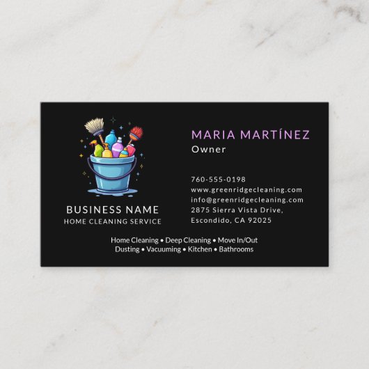 Zwarte Professionele Huis Schoonmaak Maid Service Visitekaartje (Voorkant)