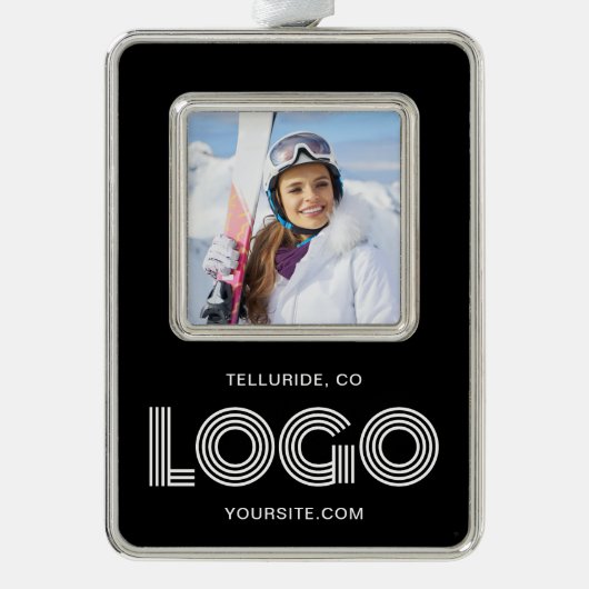 Zwarte Promo Foto Modern Logo Verzilverd Omlijst Ornament (Voorkant)