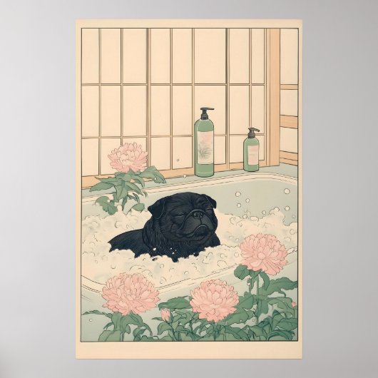 Zwarte Pug Badkamer Print Kawaii Japandi Ukiyo-e (Voorkant)