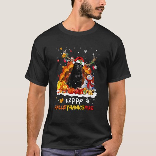 Zwarte Pug Fijne Hallothanksmas T-shirt (Voorkant)