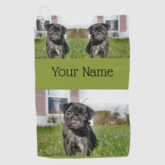 Zwarte pug golfhanddoek (Voorkant)