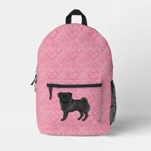 Zwarte Pug Hond Cartoon moppen Roze Liefde Hart Pa Bedrukte Rugzak