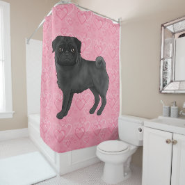 Zwarte Pug Hond Cartoon moppen Roze Liefde Hart Pa Douchegordijn